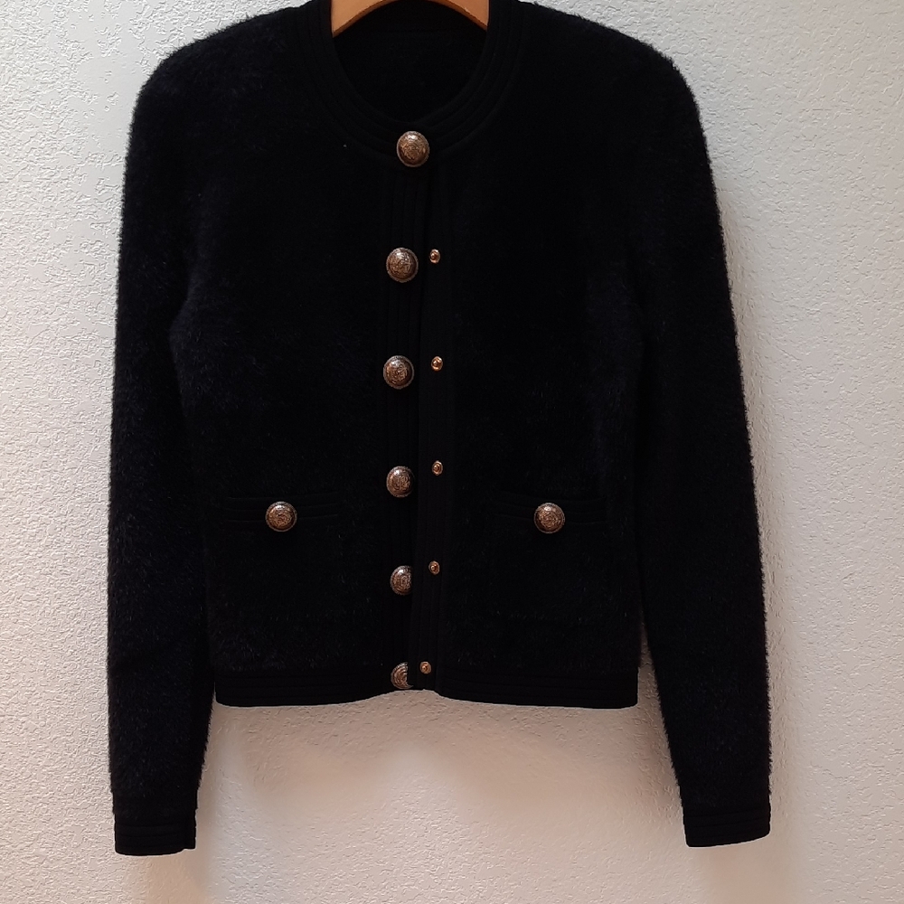 Balmain Black Textured Blazer with Gold Buttons